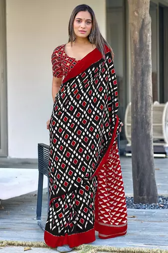 Black ikkat print mulmul cotton saree with blouse.