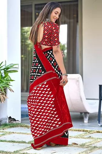 Black ikkat print mulmul cotton saree with blouse.