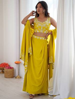 Stylish Yellow Sequins Crepe Indo-Western Drape Lehenga Set With Shrug 1