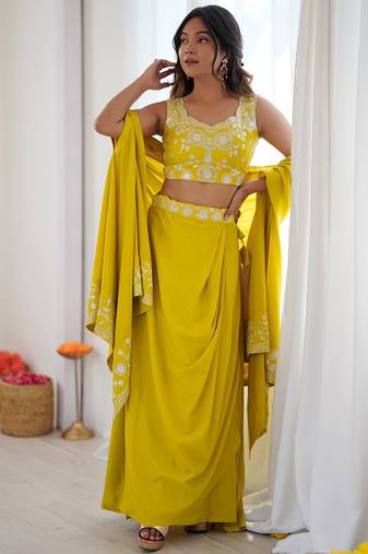 Stylish Yellow Sequins Crepe Indo-Western Drape Lehenga Set With Shrug