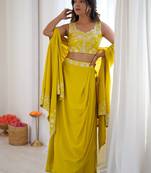 Stylish Yellow Sequins Crepe Indo-Western Drape Lehenga Set With Shrug