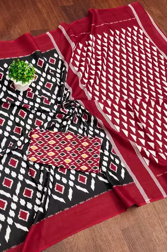 Black ikkat print mulmul cotton saree with blouse.