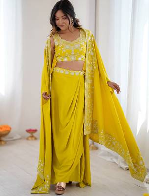 Stylish Yellow Sequins Crepe Indo-Western Drape Lehenga Set With Shrug 2
