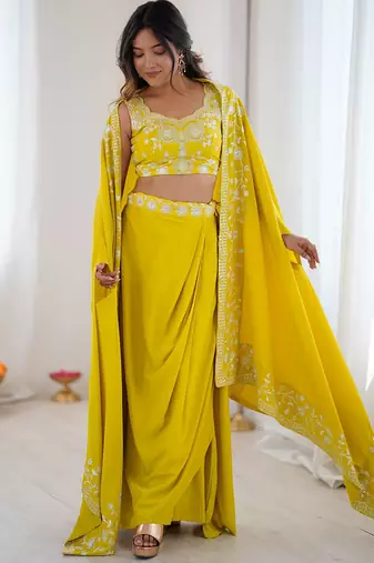Stylish Yellow Sequins Crepe Indo-Western Drape Lehenga Set With Shrug