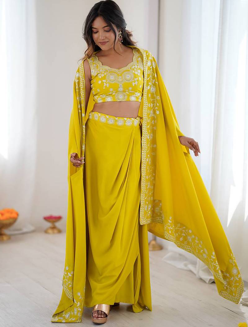 Stylish Yellow Sequins Crepe Indo-Western Drape Lehenga Set With Shrug