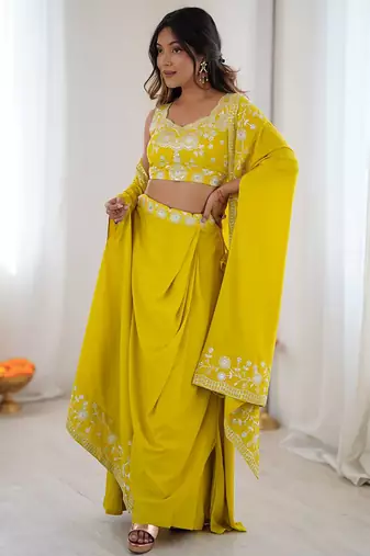 Stylish Yellow Sequins Crepe Indo-Western Drape Lehenga Set With Shrug