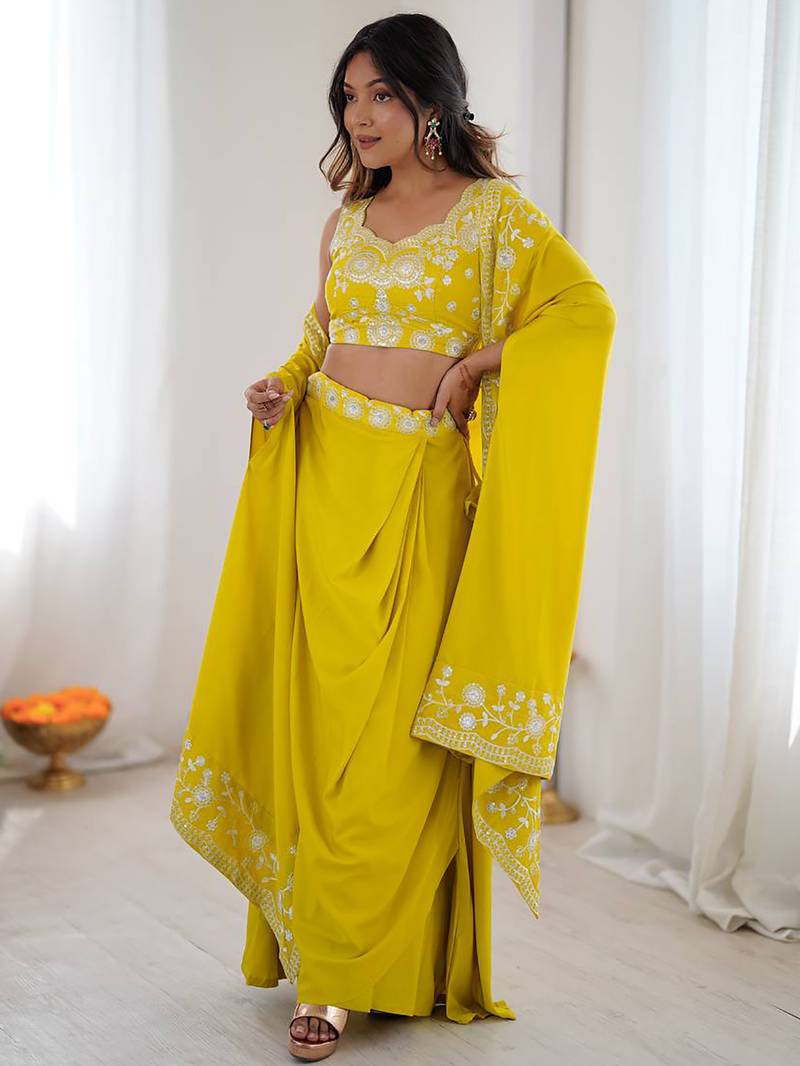 Stylish Yellow Sequins Crepe Indo-Western Drape Lehenga Set With Shrug
