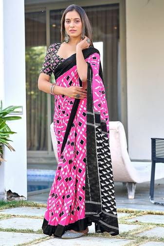 Pink ikkat print mulmul cotton saree with blouse.