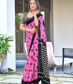 Pink ikkat print mulmul cotton saree with blouse.