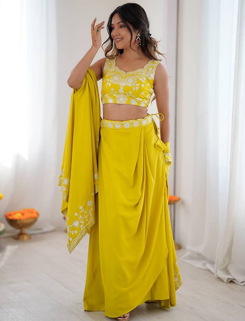 Stylish Yellow Sequins Crepe Indo-Western Drape Lehenga Set With Shrug