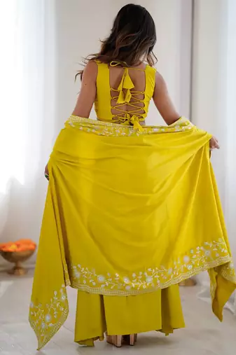 Stylish Yellow Sequins Crepe Indo-Western Drape Lehenga Set With Shrug