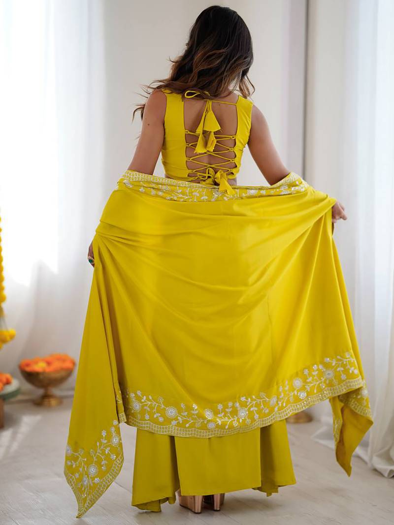 Stylish Yellow Sequins Crepe Indo-Western Drape Lehenga Set With Shrug