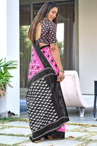 Pink ikkat print mulmul cotton saree with blouse.