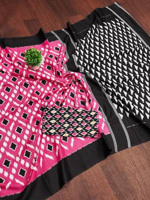 Pink ikkat print mulmul cotton saree with blouse. 5
