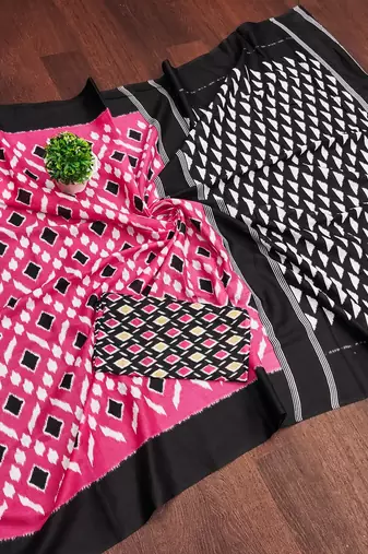 Pink ikkat print mulmul cotton saree with blouse.