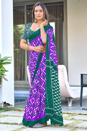 Purple ikkat print mulmul cotton saree with blouse.