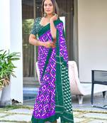 Purple ikkat print mulmul cotton saree with blouse.