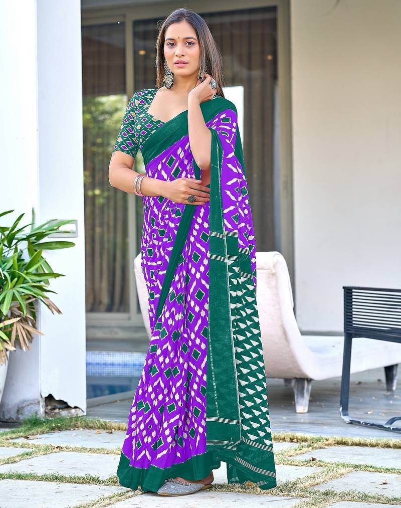 Purple ikkat print mulmul cotton saree with blouse.