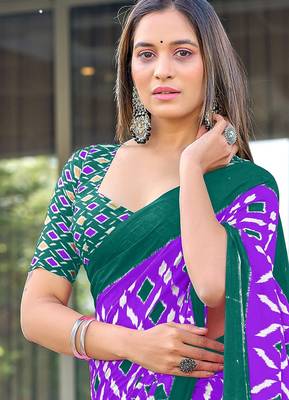 Purple ikkat print mulmul cotton saree with blouse. 2