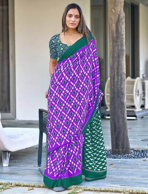 Purple ikkat print mulmul cotton saree with blouse. 3