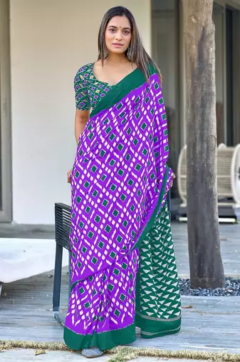 Purple ikkat print mulmul cotton saree with blouse.