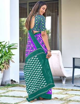Purple ikkat print mulmul cotton saree with blouse. 4