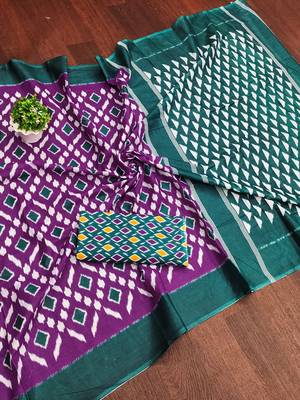 Purple ikkat print mulmul cotton saree with blouse. 5