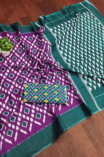 Purple ikkat print mulmul cotton saree with blouse.
