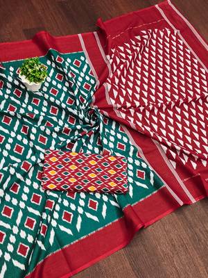 Teal green ikkat print mulmul cotton saree with blouse. 5