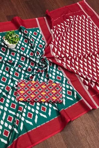 Teal green ikkat print mulmul cotton saree with blouse.