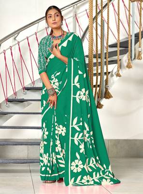 Green floral print mulmul cotton saree with blouse. 1