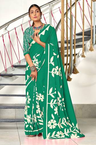 Green floral print mulmul cotton saree with blouse.