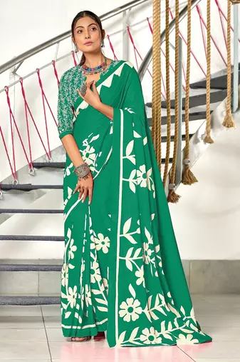 Green floral print mulmul cotton saree with blouse.