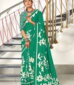 Green floral print mulmul cotton saree with blouse.