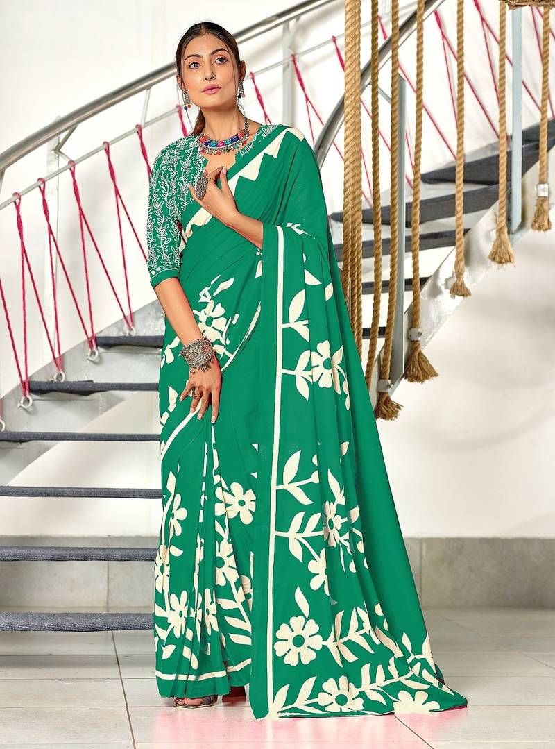 Green floral print mulmul cotton saree with blouse.