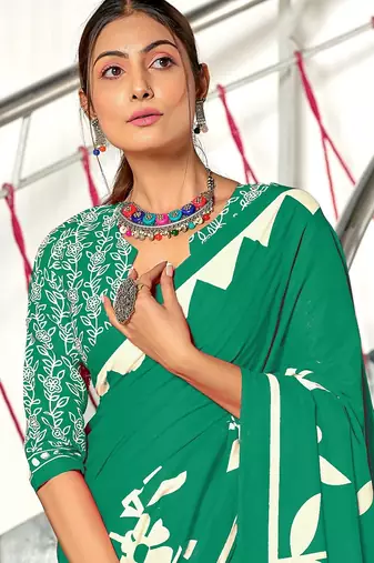 Green floral print mulmul cotton saree with blouse.