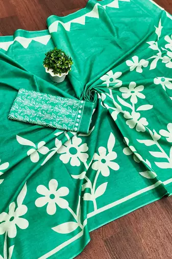 Green floral print mulmul cotton saree with blouse.