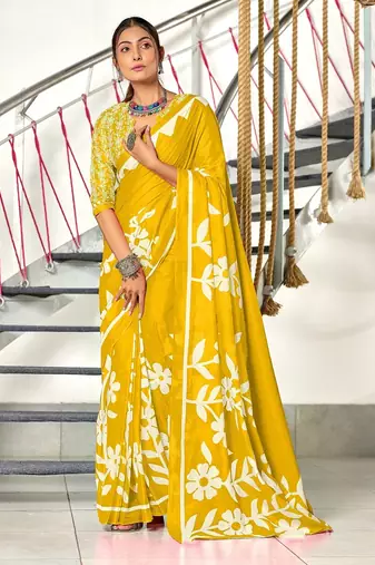Mustard floral print mulmul cotton saree with blouse.