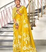 Mustard floral print mulmul cotton saree with blouse.