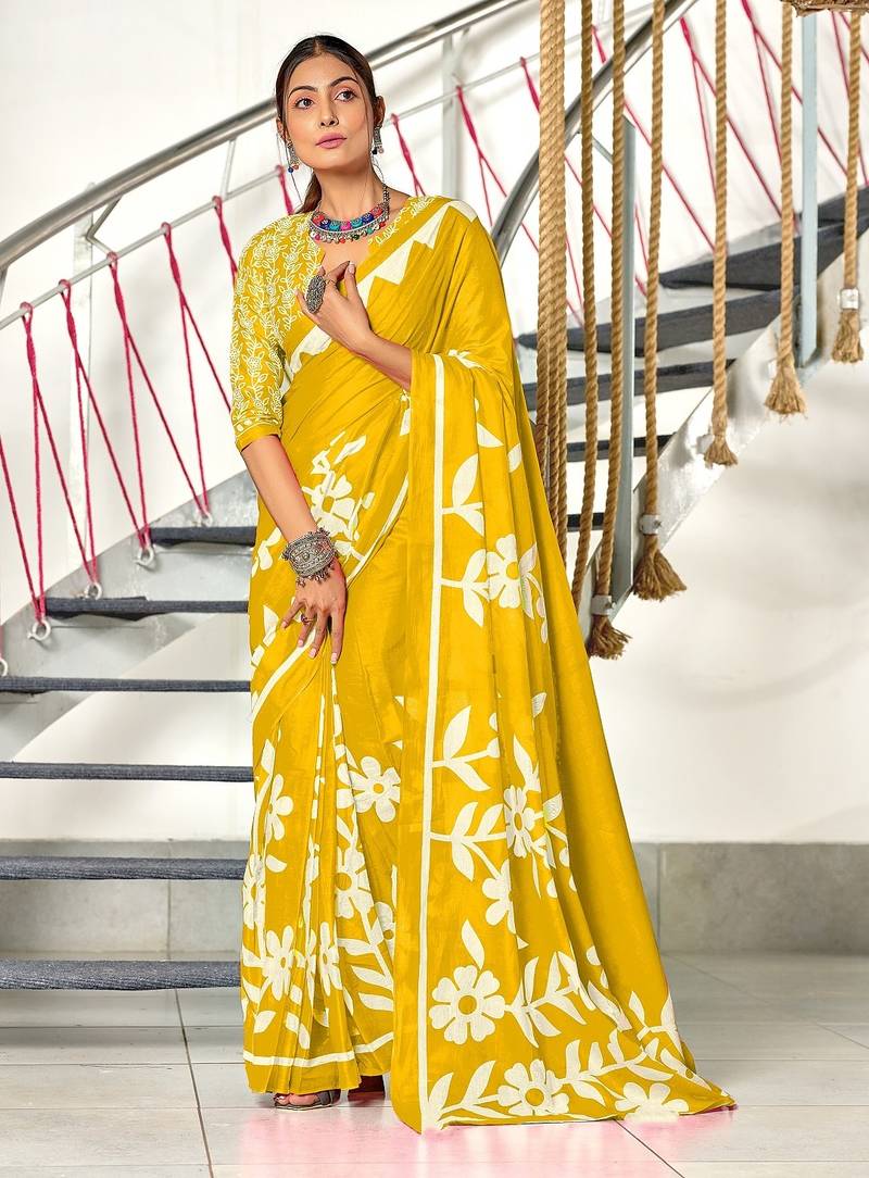 Mustard floral print mulmul cotton saree with blouse.