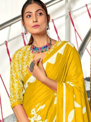 Mustard floral print mulmul cotton saree with blouse. 2