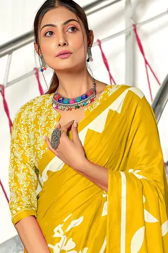 Mustard floral print mulmul cotton saree with blouse.