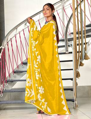 Mustard floral print mulmul cotton saree with blouse. 3
