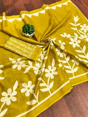 Mustard floral print mulmul cotton saree with blouse. 5