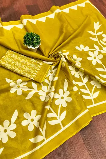 Mustard floral print mulmul cotton saree with blouse.