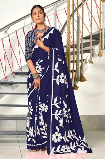 Navy blue floral print mulmul cotton saree with blouse.