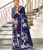 Navy blue floral print mulmul cotton saree with blouse.