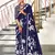 Navy blue floral print mulmul cotton saree with blouse.