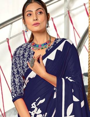 Navy blue floral print mulmul cotton saree with blouse. 2