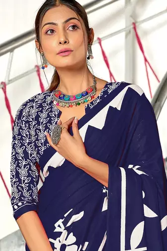 Navy blue floral print mulmul cotton saree with blouse.